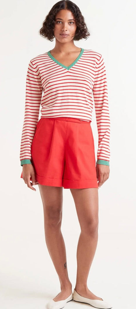 Compania Red Striped V-Neck Fine Knit Sweater