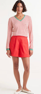 Compania Red Striped V-Neck Fine Knit Sweater