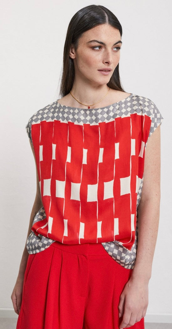 Ottodame Red Geometric Print Viscose Top