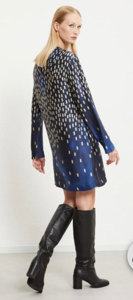 Ottod’Ame Midnight Blue & Champagne Print Long Sleeve Short Dress