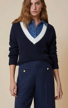 Load image into Gallery viewer, PennyBlack Navy Ribbed V-Neck Jumper with Off-White &amp; Gold Lurex Trim
