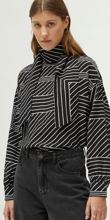 Compania Fantastica Black & White Graphic Stripe Print Blouse with Foulard Neckline