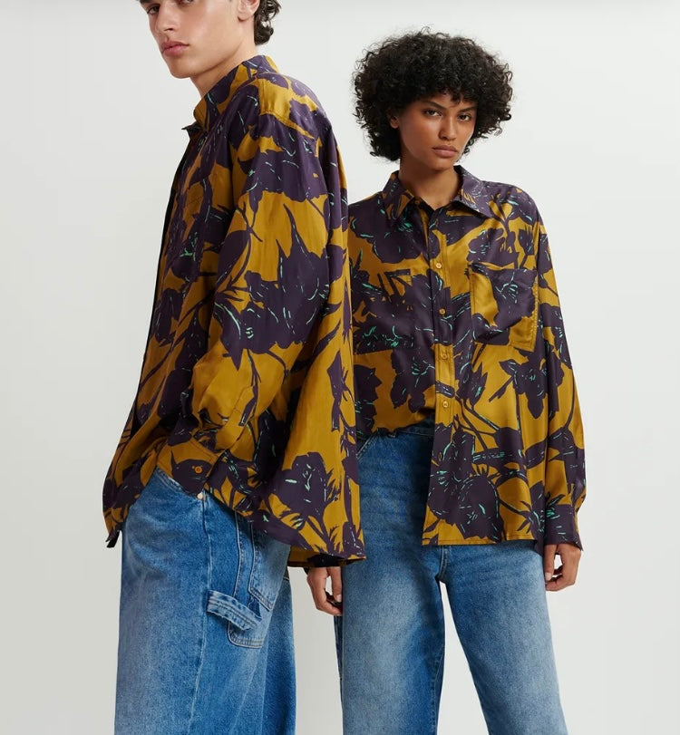 Essentiel Antwerp Bronze & Navy Silk Floral Print Shirt