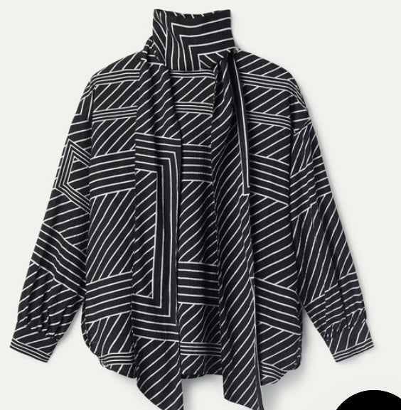 Compania Fantastica Black & White Graphic Stripe Print Blouse with Foulard Neckline