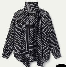 Load image into Gallery viewer, Compania Fantastica Black &amp; White Graphic Stripe Print Blouse with Foulard Neckline
