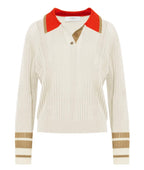 Beatrice B White Perforated Silk Blend Polo Shirt with contrasting Collar & Cuffs