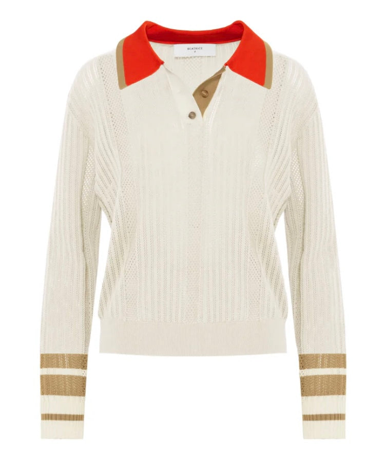Beatrice B White Perforated Silk Blend Polo Shirt with contrasting Collar & Cuffs