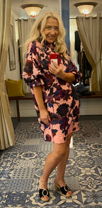 Essentiel Antwerp Pink & Purple Floral Print Mini Dress with High Collar