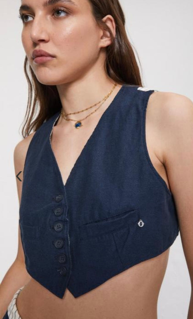 Ottod’Ame Navy  Linen blend Cropped Waistcoat Top