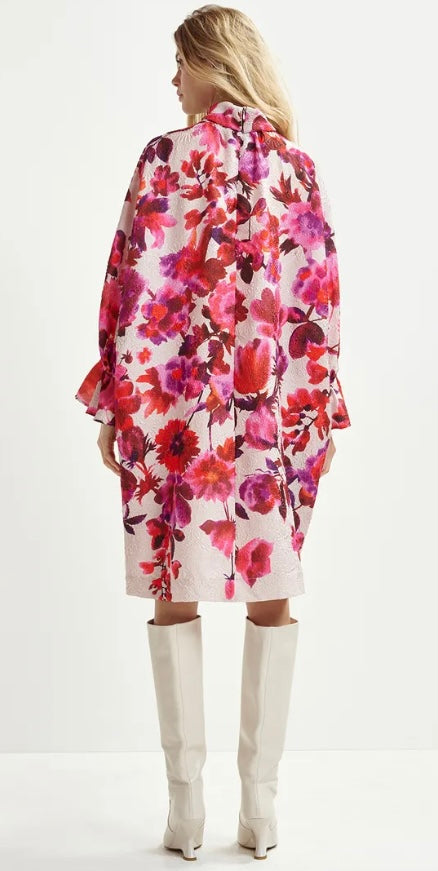 Essentiel Antwerp Pink & Purple Floral Print Mini Dress with High Collar