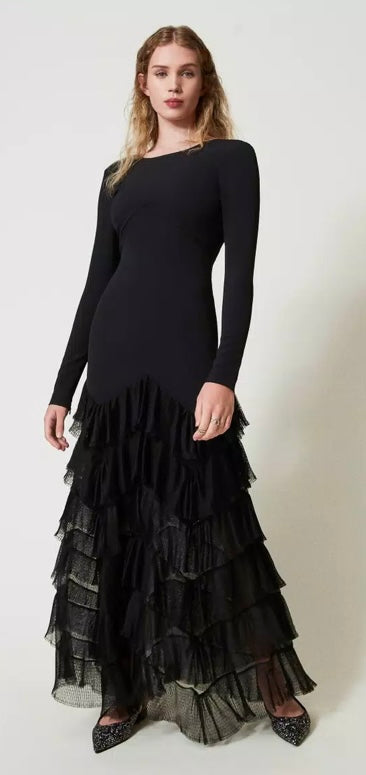 Twinset Milano Long Black Dress with Lace Flounce Frill Botton