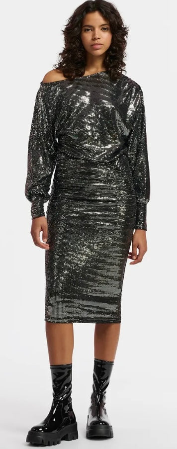 Essentiel Antwerp Black & Silver Metallic Stretch Bodycon Dress