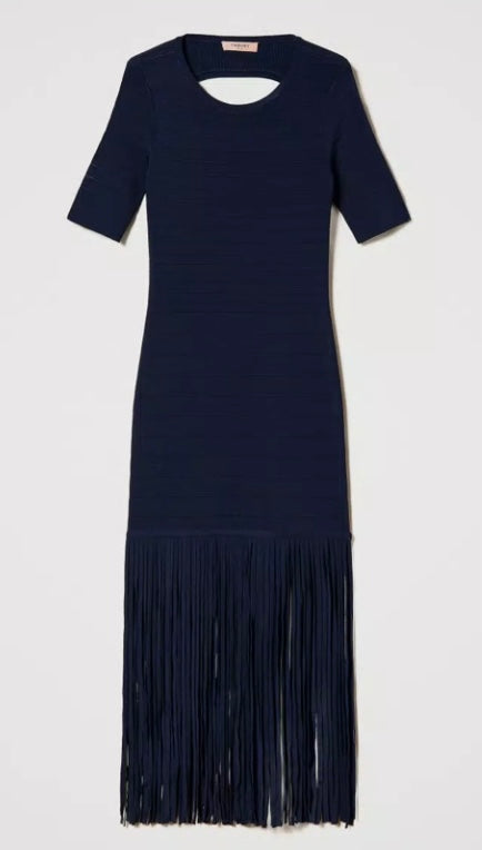 Twinset Navy Short Knit Dress with fringing