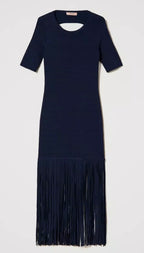 Twinset Navy Short Knit Dress with fringing