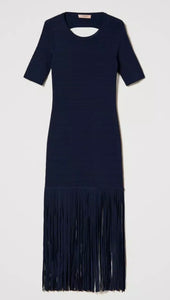 Twinset Navy Short Knit Dress with fringing