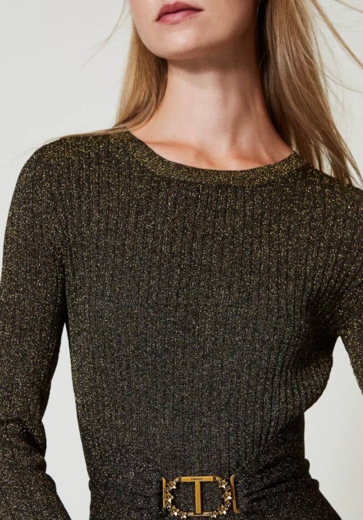 Twinset Milano Gold Lurex Rib Knit Long Dress with T-Bar Belt