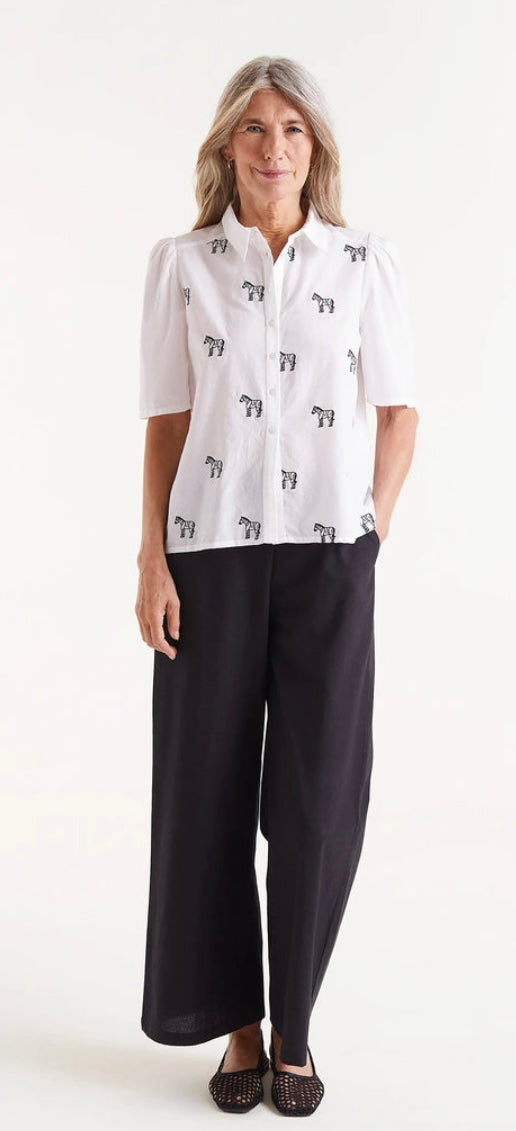 Compania White Short Sleeve Cotton Shirt with Black Zebra Print
