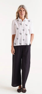 Compania White Short Sleeve Cotton Shirt with Black Zebra Print