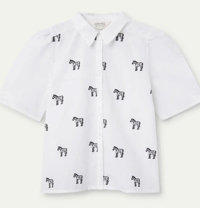 Compania White Short Sleeve Cotton Shirt with Black Zebra Print