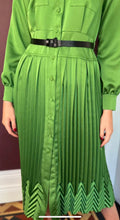 Load image into Gallery viewer, Beatrice B Kiwi Green Satin Pleated Midi Shirt Dress
