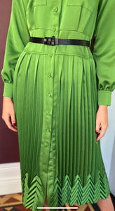 Beatrice B Kiwi Green Satin Pleated Midi Shirt Dress