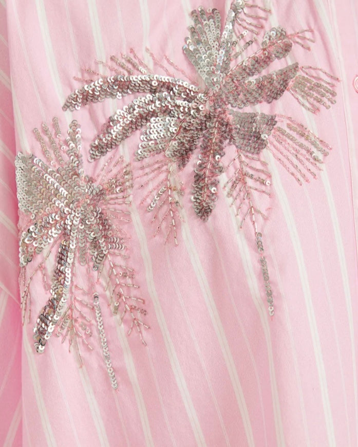 Essentiel Antwerp Pink & White Stripe Cotton Shirt with sequin / embroidered motif