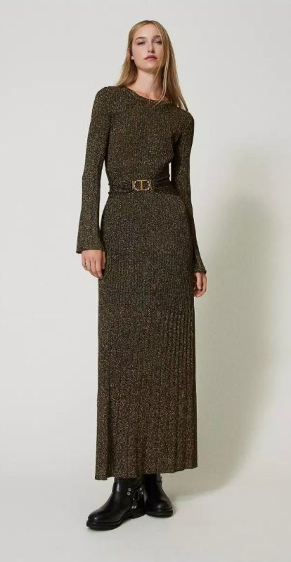 Twinset Milano Gold Lurex Rib Knit Long Dress with T-Bar Belt