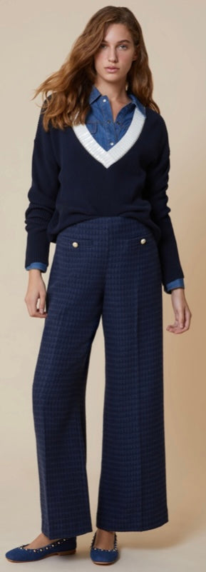 PennyBlack Navy Ribbed V-Neck Jumper with Off-White & Gold Lurex Trim