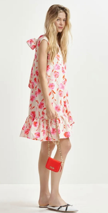 Essentiel Antwerp Pink /  Red / Orange Floral Shift Dress with puffball Frill Hemline
