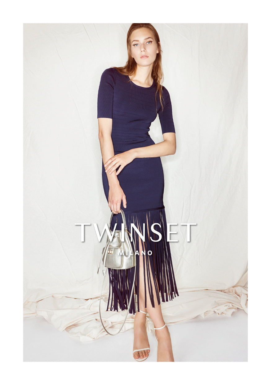 Twinset Navy Short Knit Dress with fringing