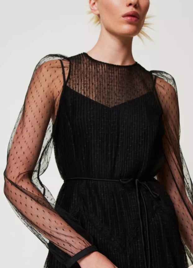 Twinset Milano Black Long Romantic pleated Tulle Dress