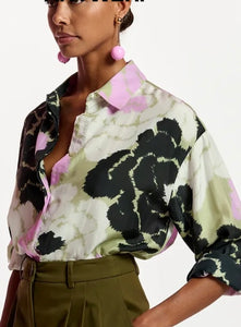 Essentiel Antwerp Khaki Silk Floral Shirt