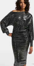 Load image into Gallery viewer, Essentiel Antwerp Black &amp; Silver Metallic Stretch Bodycon Dress
