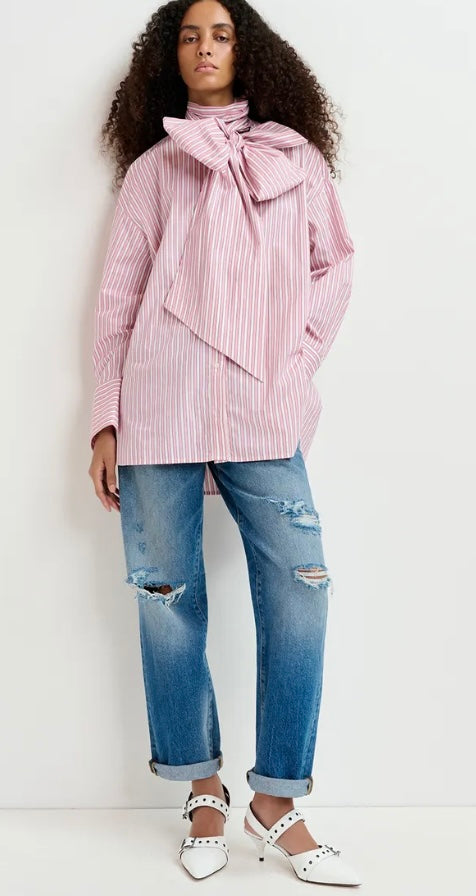Essentiel Antwerp Pink Pin-Stripe Pussybow Shirt