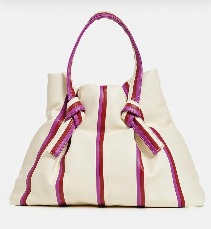Essentiel Antwerp Ecru , Purple & Burgandy Stripe Shopper Bag