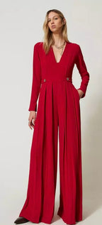 Twinset Milano Venetian Red Crepe Pleated Jumpsuit