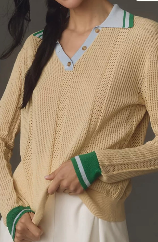 Beatrice B Taupe Polo Collared Long Sleeve Knit