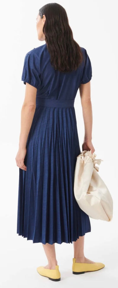 Beatrice B Indigo Peated & Hand Embroidered Denim Dress