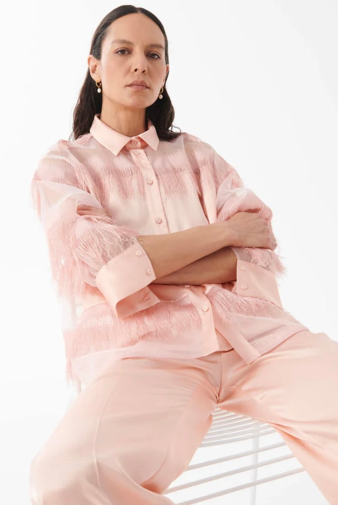 Beatrice B Baby Pink Semi Transparent Blouse with fringing details