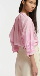 Essentiel Antwerp Pink & White Stripe Cotton Shirt with sequin / embroidered motif