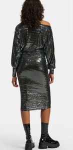 Essentiel Antwerp Black & Silver Metallic Stretch Bodycon Dress