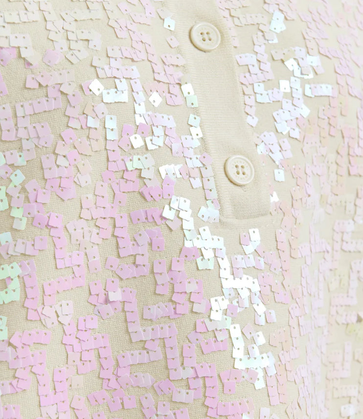 Essentiel Antwerp Off-White Iridescent Sequin Polo Knit Top