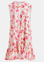 Essentiel Antwerp Pink /  Red / Orange Floral Shift Dress with puffball Frill Hemline