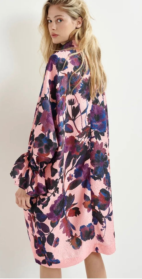 Essentiel Antwerp Light Pink , Navy & Purple Floral Print Mini Dress with High Collar