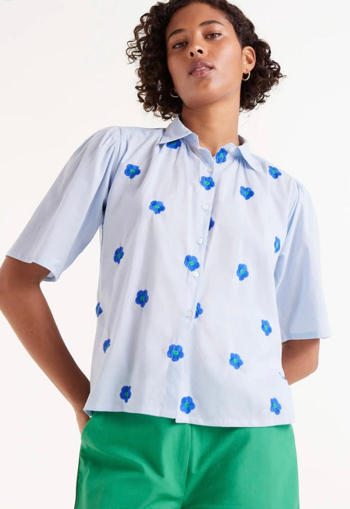 Compania Blue Short Sleeve Blouse with blue flowers