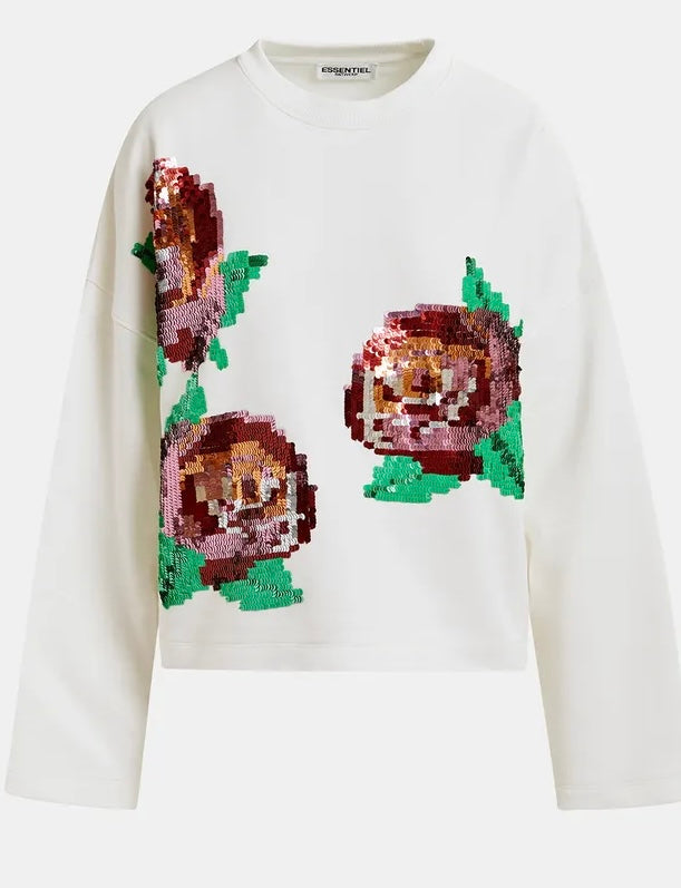 Essentiel Antwerp White Sweatshirt with Red & Green Sequin Motifs