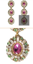 Load image into Gallery viewer, St. Erasmus Triple Crystal Claudia Earrings in Pink &amp; Green
