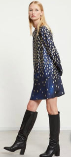 Ottod’Ame Midnight Blue & Champagne Print Long Sleeve Short Dress