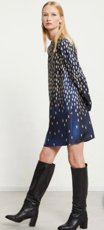 Ottod’Ame Midnight Blue & Champagne Print Long Sleeve Short Dress