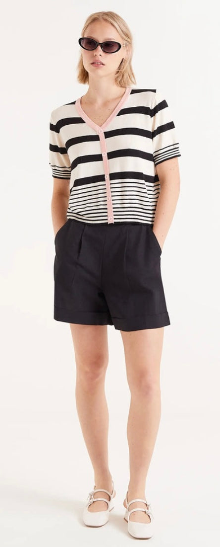 Compania Black & Soft White Fine Knit Short Sleeve Cardigan-Top